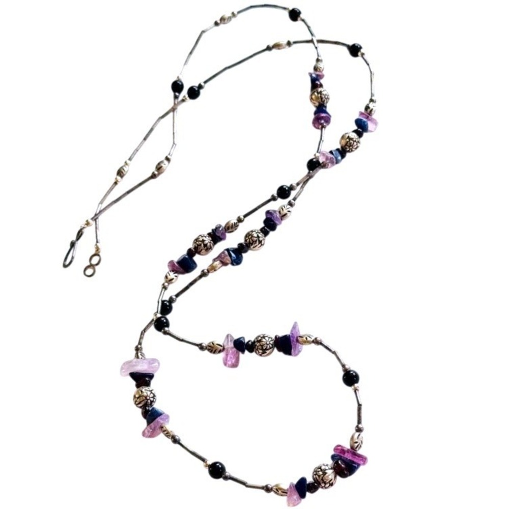 VTG amethyst Western Collar Necklace Liquid Silver Beads‎ BOHO Strand 70s 36"L